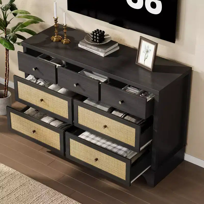 sun 7-Drawer Double Dresser: 47.3 Wide Large Capacity Wooden Chest with Built-in Drawer Organizer Maximize Storage for Living Room/Entryway