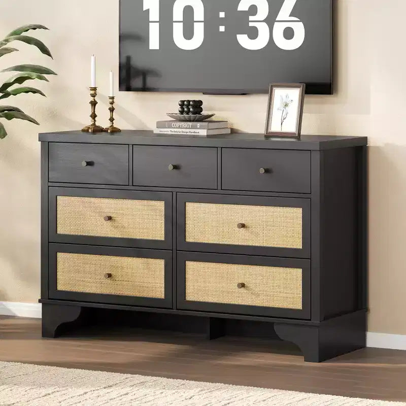 sun 7-Drawer Double Dresser: 47.3 Wide Large Capacity Wooden Chest with Built-in Drawer Organizer Maximize Storage for Living Room/Entryway