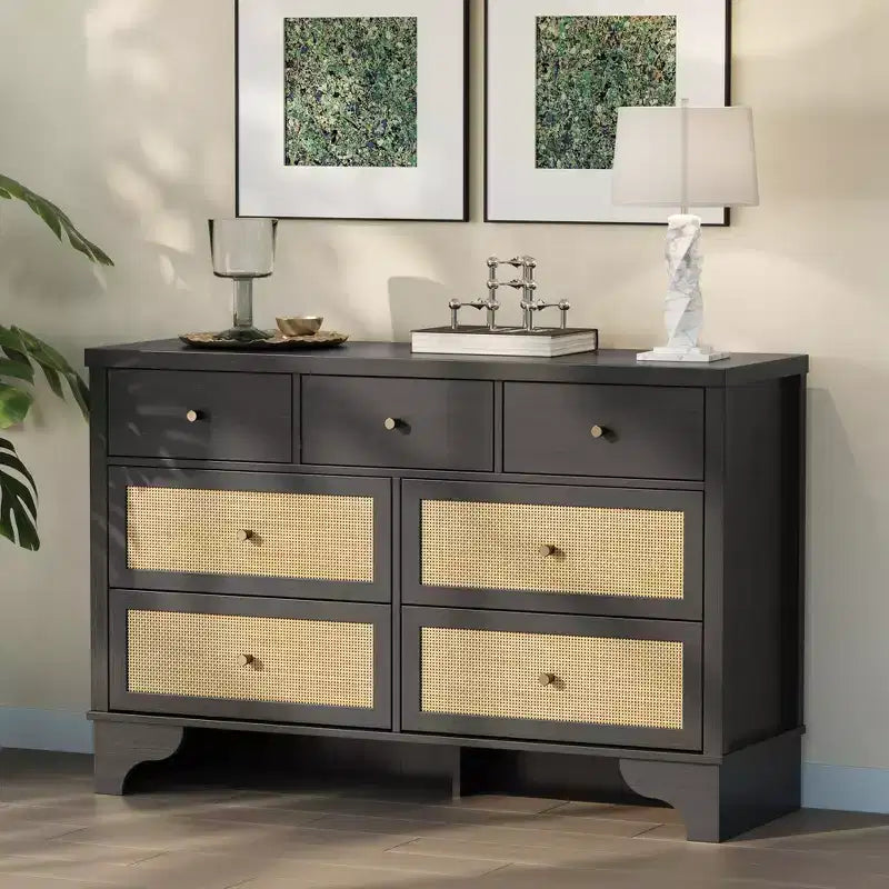 sun 7-Drawer Double Dresser: 47.3 Wide Large Capacity Wooden Chest with Built-in Drawer Organizer Maximize Storage for Living Room/Entryway