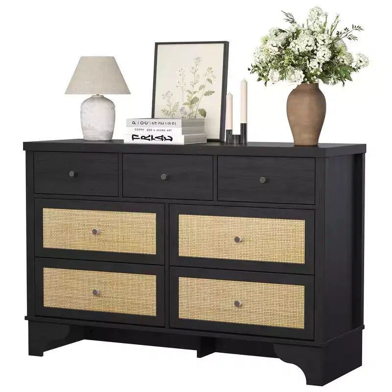 sun 7-Drawer Double Dresser: 47.3 Wide Large Capacity Wooden Chest with Built-in Drawer Organizer Maximize Storage for Living Room/Entryway