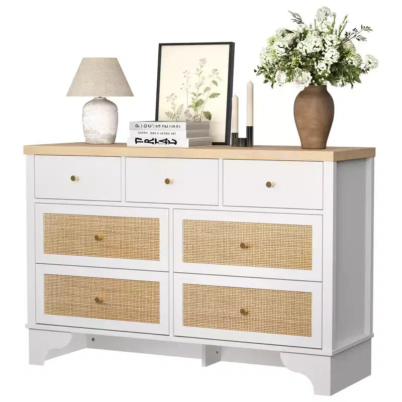 sun 7-Drawer Double Dresser: 47.3 Wide Large Capacity Wooden Chest with Built-in Drawer Organizer Maximize Storage for Living Room/Entryway