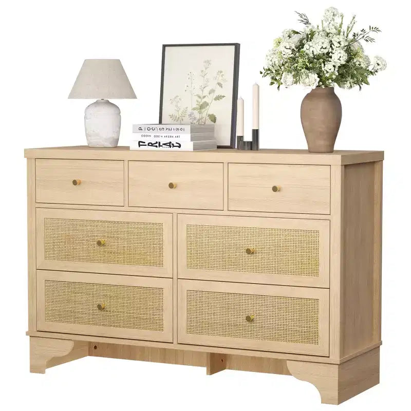 sun 7-Drawer Double Dresser: 47.3 Wide Large Capacity Wooden Chest with Built-in Drawer Organizer Maximize Storage for Living Room/Entryway