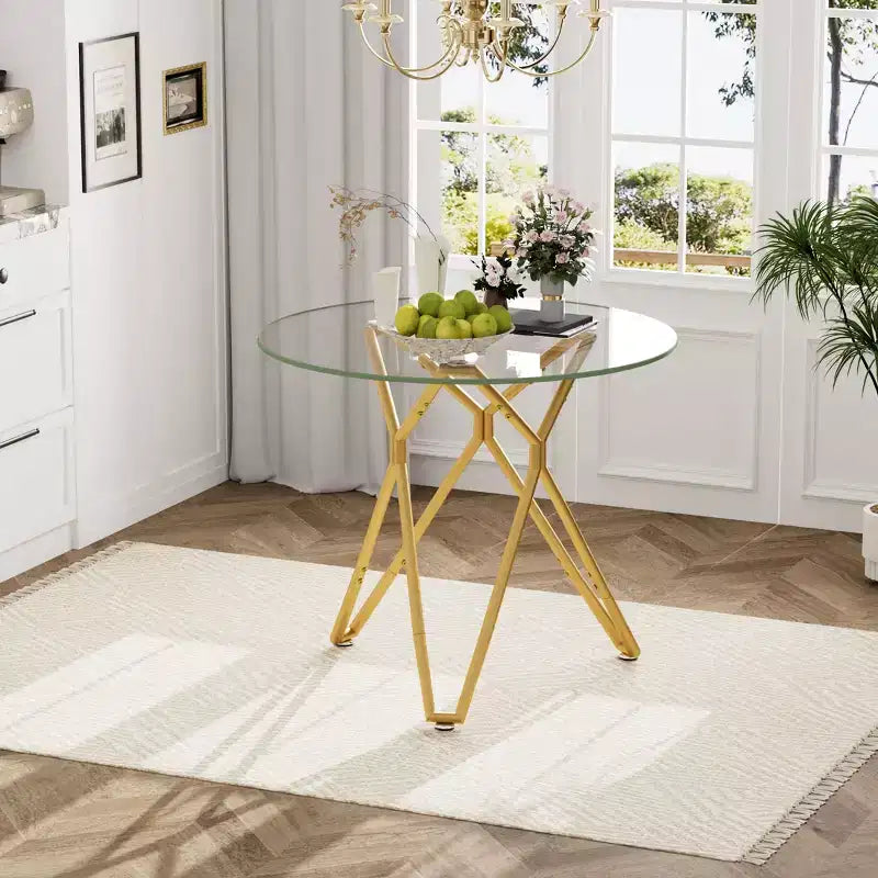 Okak 35.4/47/70IN Round Tempered Glass Dining Table for 4 People, Space-Saving Kitchen Table with Metal Legs, Dinner Table for Living Room, Kitchen
