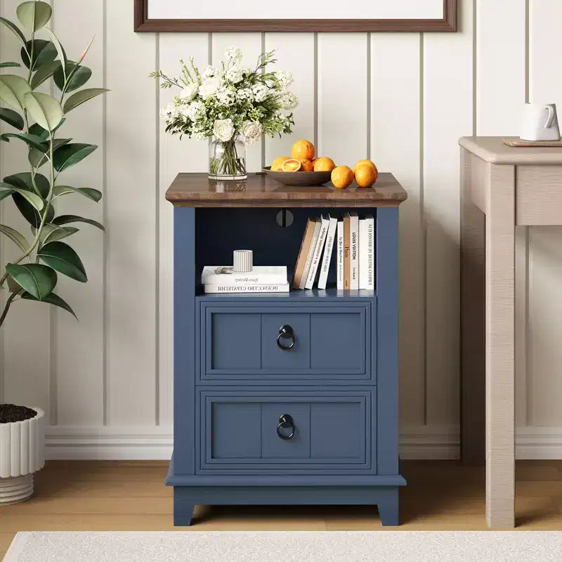 18 Modern Nightstand, 2 Drawer Bedside Table with Open Shelf, Sofa Side Table for Small Spaces, Wooden End Table for Living Room Bedroom
