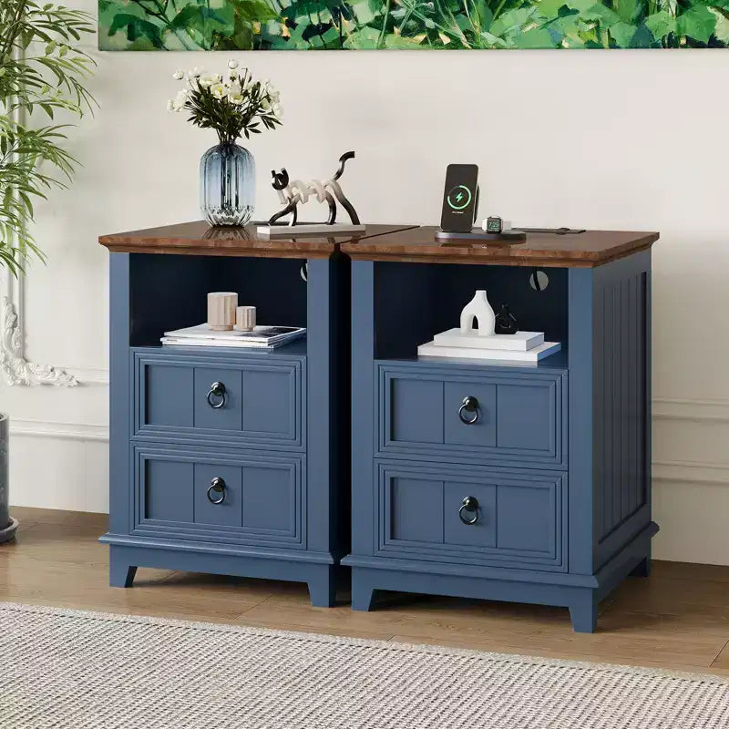 18 Modern Nightstand, 2 Drawer Bedside Table with Open Shelf, Sofa Side Table for Small Spaces, Wooden End Table for Living Room Bedroom