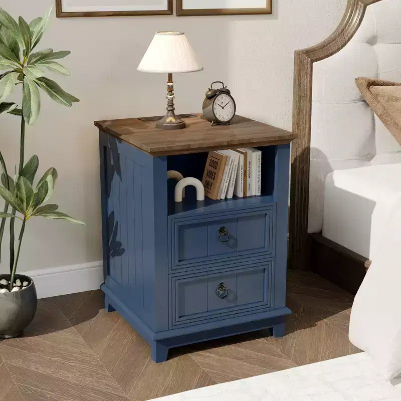 18 Modern Nightstand, 2 Drawer Bedside Table with Open Shelf, Sofa Side Table for Small Spaces, Wooden End Table for Living Room Bedroom