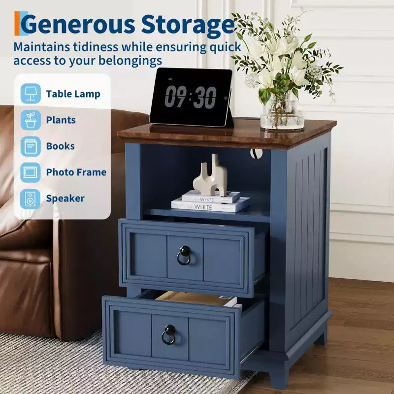 18 Modern Nightstand, 2 Drawer Bedside Table with Open Shelf, Sofa Side Table for Small Spaces, Wooden End Table for Living Room Bedroom