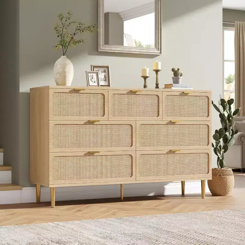 Acekool 7 Drawer Rattan Dresser for Bedroom, Tall Chest of Drawers with Wide Top, Storage Organizer
