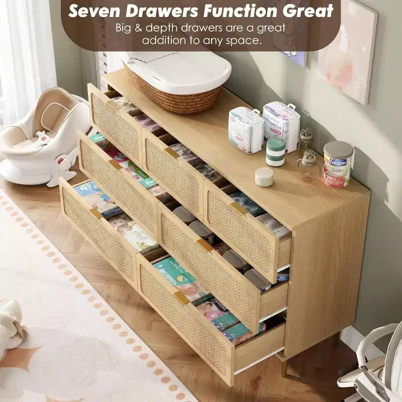 Acekool 7 Drawer Rattan Dresser for Bedroom, Tall Chest of Drawers with Wide Top, Storage Organizer
