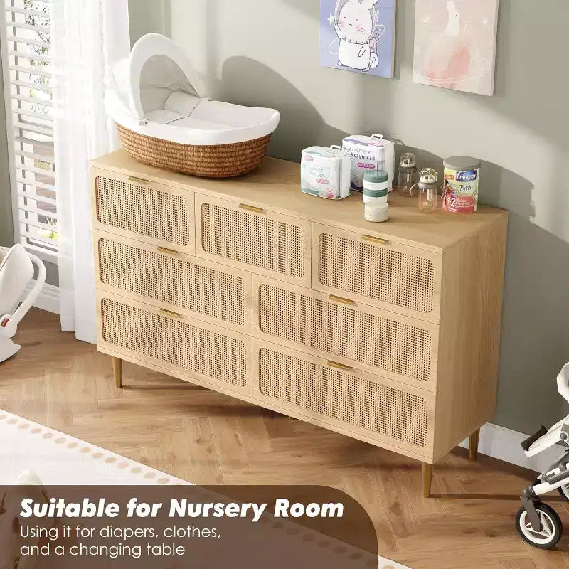 Acekool 7 Drawer Rattan Dresser for Bedroom, Tall Chest of Drawers with Wide Top, Storage Organizer