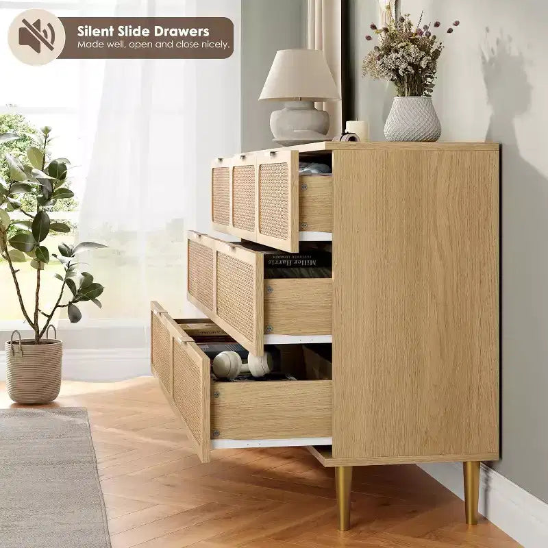 Acekool 7 Drawer Rattan Dresser for Bedroom, Tall Chest of Drawers with Wide Top, Storage Organizer