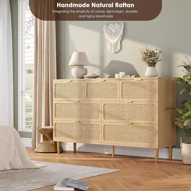 Acekool 7 Drawer Rattan Dresser for Bedroom, Tall Chest of Drawers with Wide Top, Storage Organizer