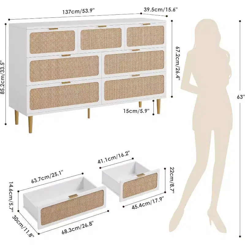 Acekool 7 Drawer Rattan Dresser for Bedroom, Tall Chest of Drawers with Wide Top, Storage Organizer