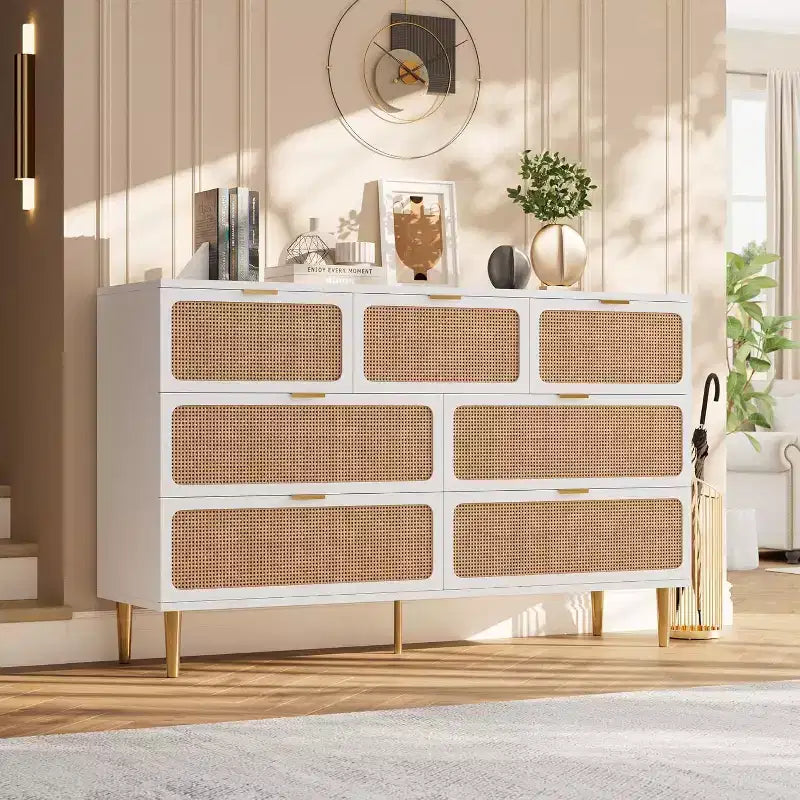 Acekool 7 Drawer Rattan Dresser for Bedroom, Tall Chest of Drawers with Wide Top, Storage Organizer