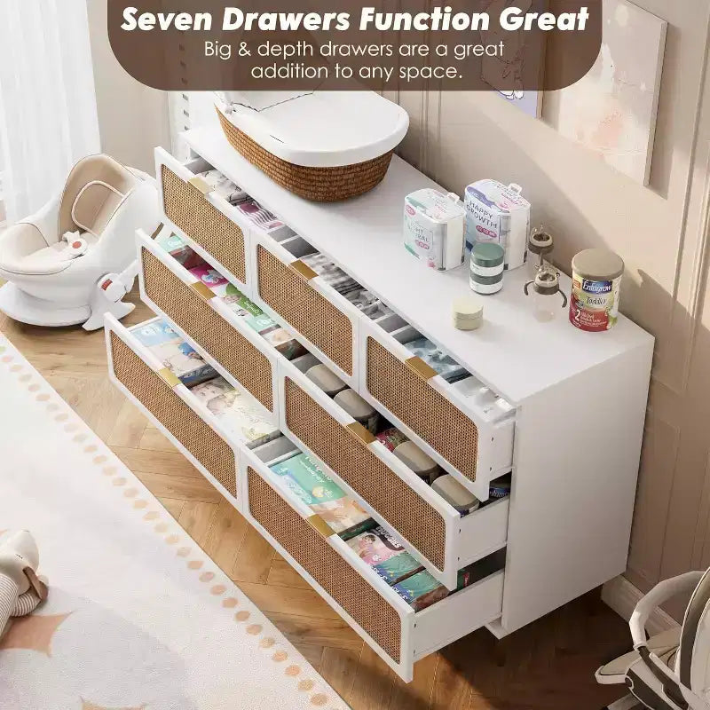 Acekool 7 Drawer Rattan Dresser for Bedroom, Tall Chest of Drawers with Wide Top, Storage Organizer