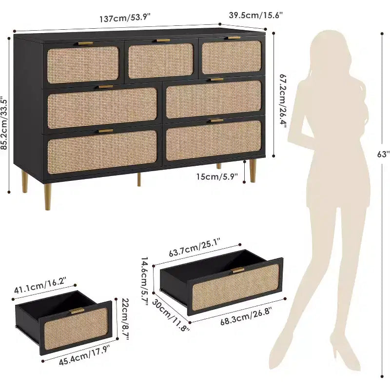 Acekool 7 Drawer Rattan Dresser for Bedroom, Tall Chest of Drawers with Wide Top, Storage Organizer