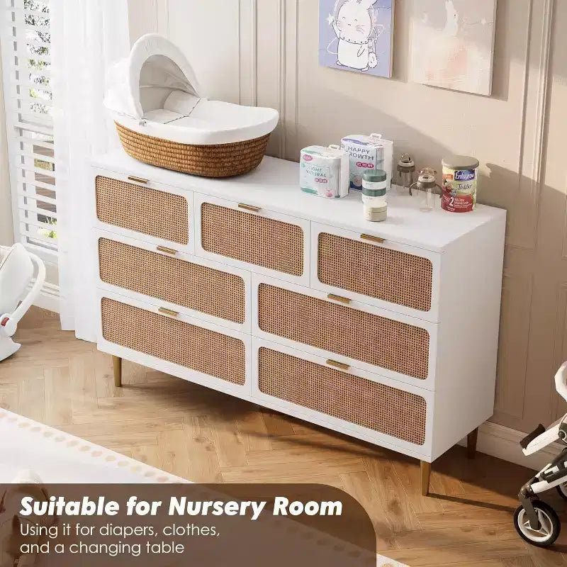 Acekool 7 Drawer Rattan Dresser for Bedroom, Tall Chest of Drawers with Wide Top, Storage Organizer