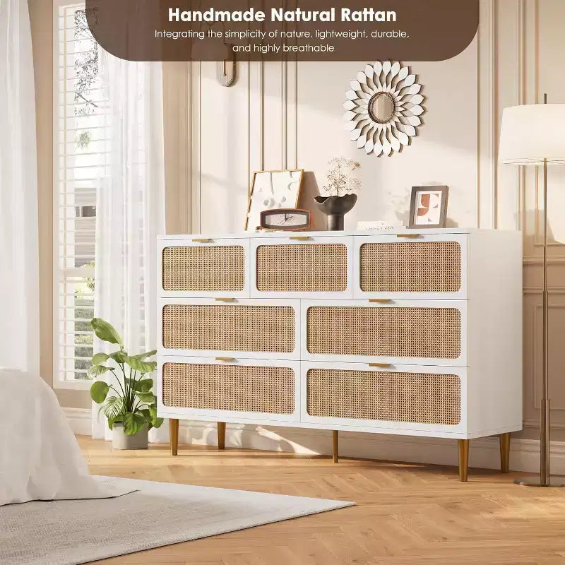 Acekool 7 Drawer Rattan Dresser for Bedroom, Tall Chest of Drawers with Wide Top, Storage Organizer
