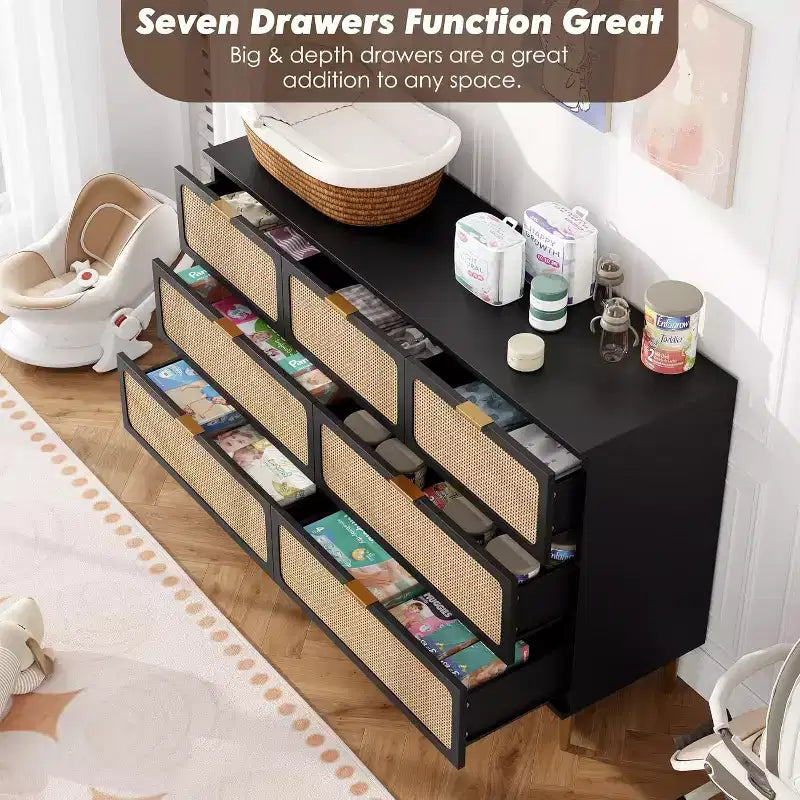 Acekool 7 Drawer Rattan Dresser for Bedroom, Tall Chest of Drawers with Wide Top, Storage Organizer