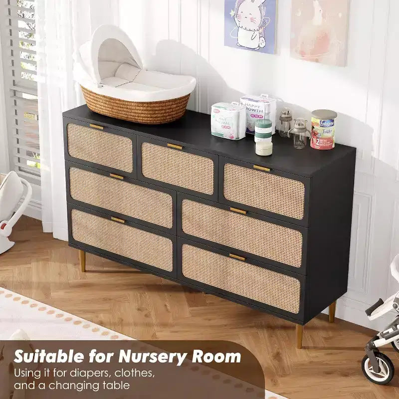 Acekool 7 Drawer Rattan Dresser for Bedroom, Tall Chest of Drawers with Wide Top, Storage Organizer