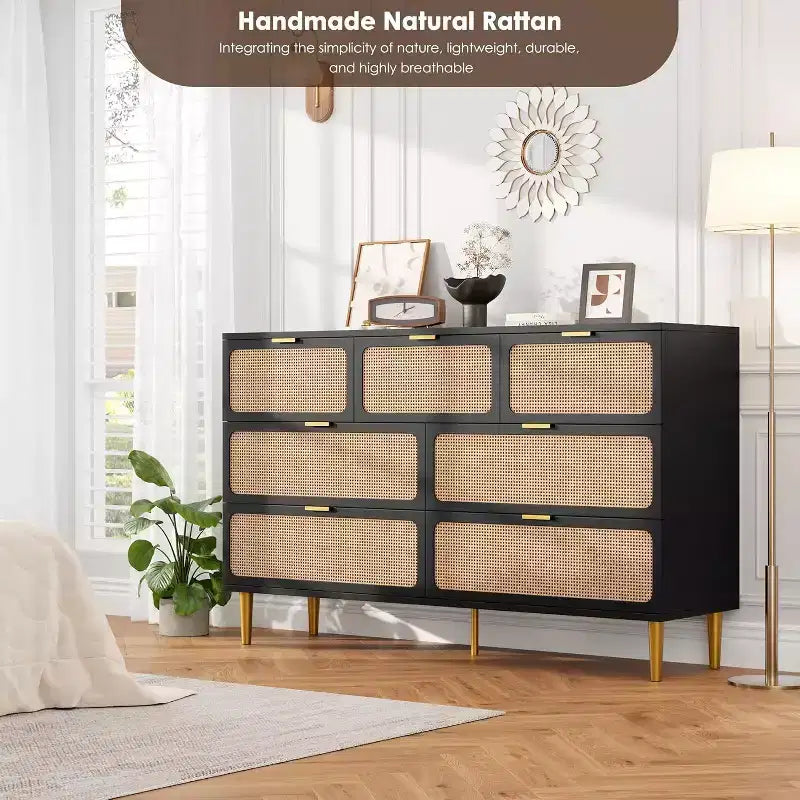 Acekool 7 Drawer Rattan Dresser for Bedroom, Tall Chest of Drawers with Wide Top, Storage Organizer