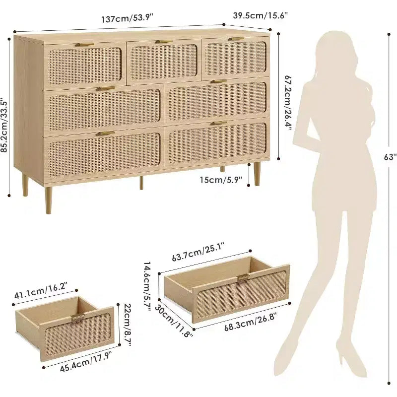 Acekool 7 Drawer Rattan Dresser for Bedroom, Tall Chest of Drawers with Wide Top, Storage Organizer