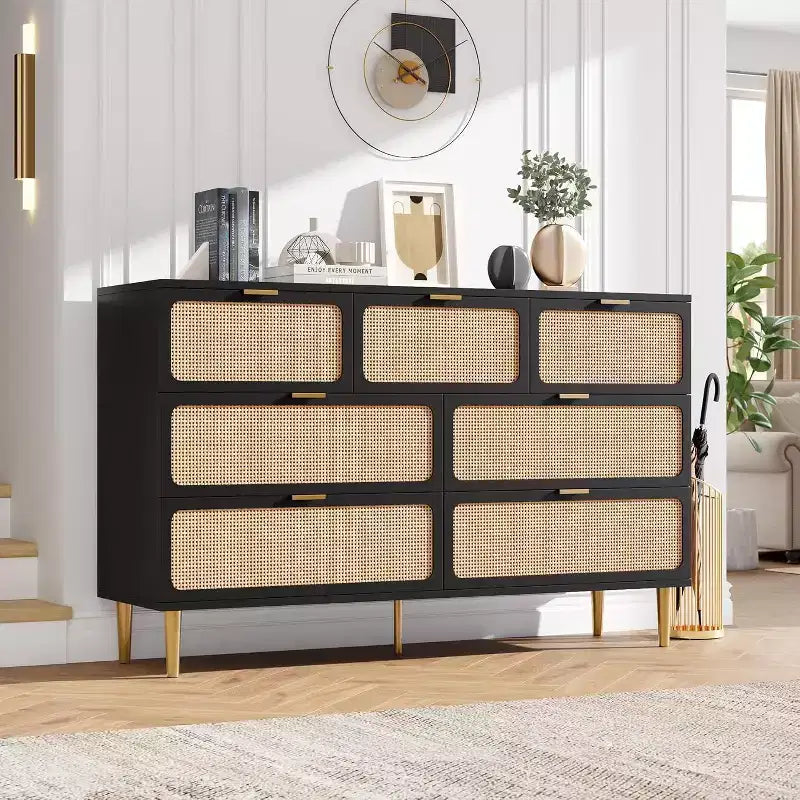 Acekool 7 Drawer Rattan Dresser for Bedroom, Tall Chest of Drawers with Wide Top, Storage Organizer