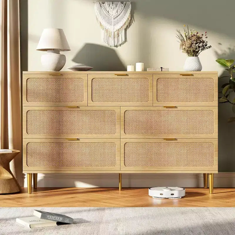 Acekool 7 Drawer Rattan Dresser for Bedroom, Tall Chest of Drawers with Wide Top, Storage Organizer