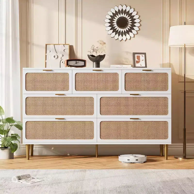 Acekool 7 Drawer Rattan Dresser for Bedroom, Tall Chest of Drawers with Wide Top, Storage Organizer