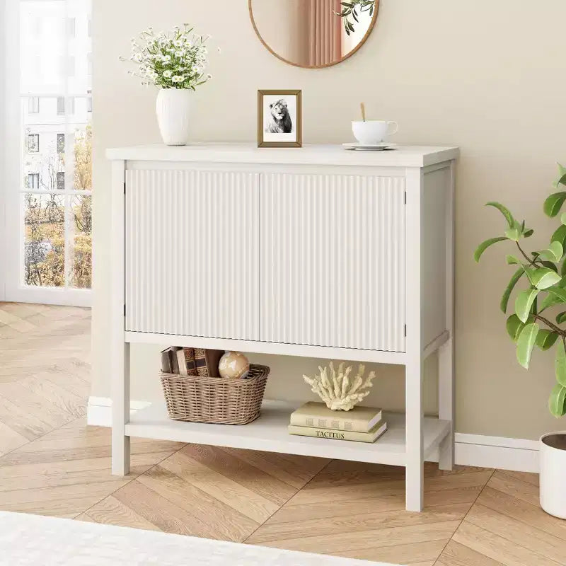 Narrow Console Table C 2-Door Entryway Sofa Table with Storage Shelf (White, for Living Room/Office/Hallway)