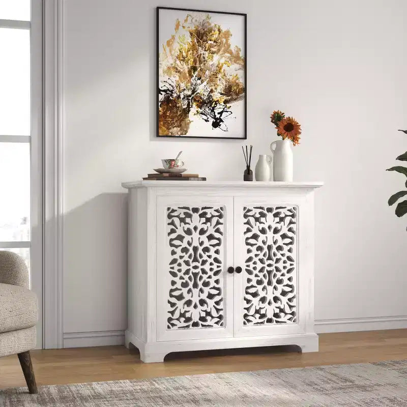 GDFStudio Iris Antique 31.5'' Sideboard Storage Cabinet with 2 Carving Doors