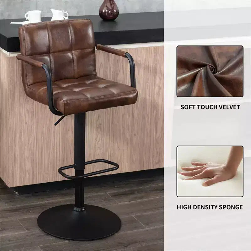 Furniliving Bar Stools Set of 2 with Back, Modern Square Faux Leather Stools with Armrest, Adjustable Height for Kitchen/Bar/Pub/Cafe