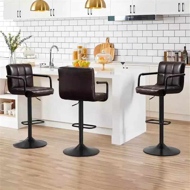 Furniliving Bar Stools Set of 2 with Back, Modern Square Faux Leather Stools with Armrest, Adjustable Height for Kitchen/Bar/Pub/Cafe