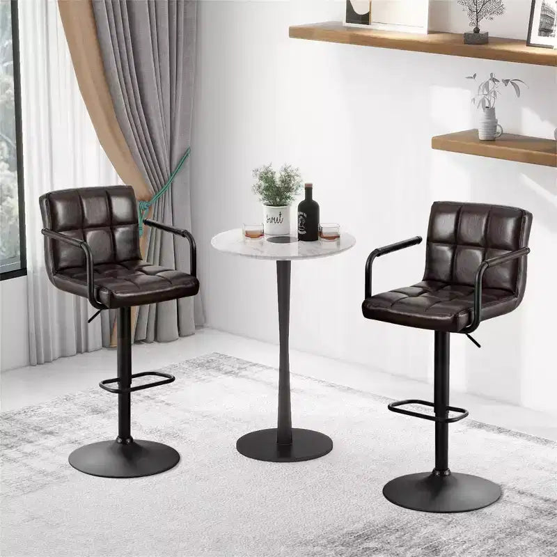 Furniliving Bar Stools Set of 2 with Back, Modern Square Faux Leather Stools with Armrest, Adjustable Height for Kitchen/Bar/Pub/Cafe