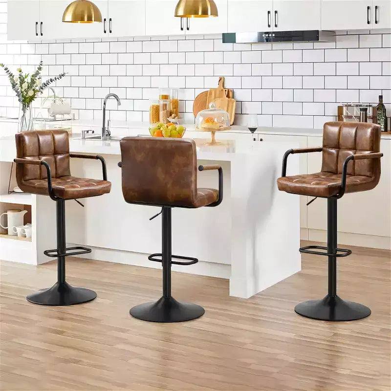 Furniliving Bar Stools Set of 2 with Back, Modern Square Faux Leather Stools with Armrest, Adjustable Height for Kitchen/Bar/Pub/Cafe