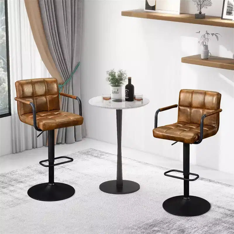 Furniliving Bar Stools Set of 2 with Back, Modern Square Faux Leather Stools with Armrest, Adjustable Height for Kitchen/Bar/Pub/Cafe