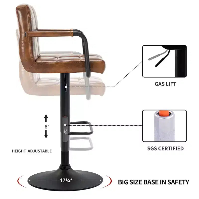 Furniliving Bar Stools Set of 2 with Back, Modern Square Faux Leather Stools with Armrest, Adjustable Height for Kitchen/Bar/Pub/Cafe