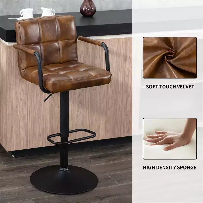 Furniliving Bar Stools Set of 2 with Back, Modern Square Faux Leather Stools with Armrest, Adjustable Height for Kitchen/Bar/Pub/Cafe