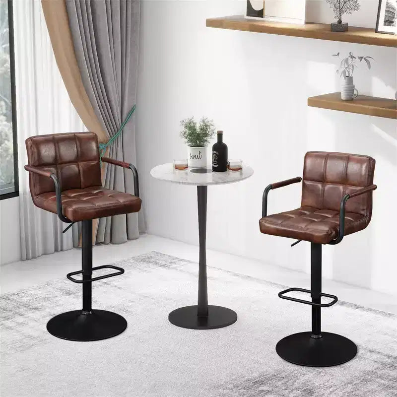 Furniliving Bar Stools Set of 2 with Back, Modern Square Faux Leather Stools with Armrest, Adjustable Height for Kitchen/Bar/Pub/Cafe