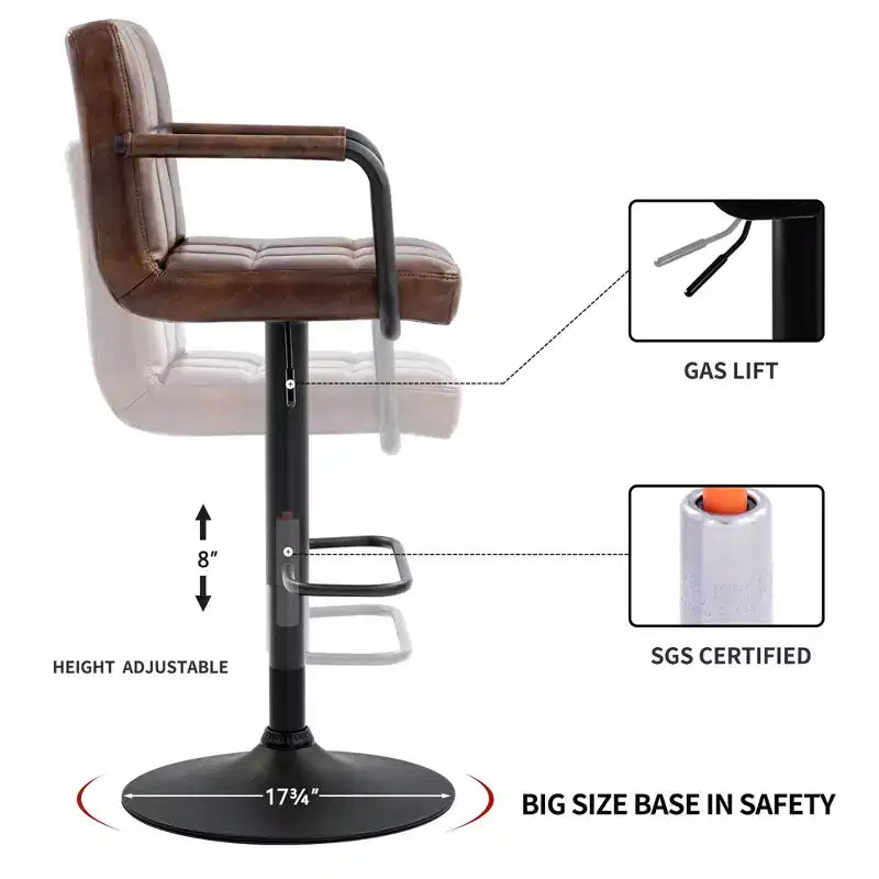 Furniliving Bar Stools Set of 2 with Back, Modern Square Faux Leather Stools with Armrest, Adjustable Height for Kitchen/Bar/Pub/Cafe