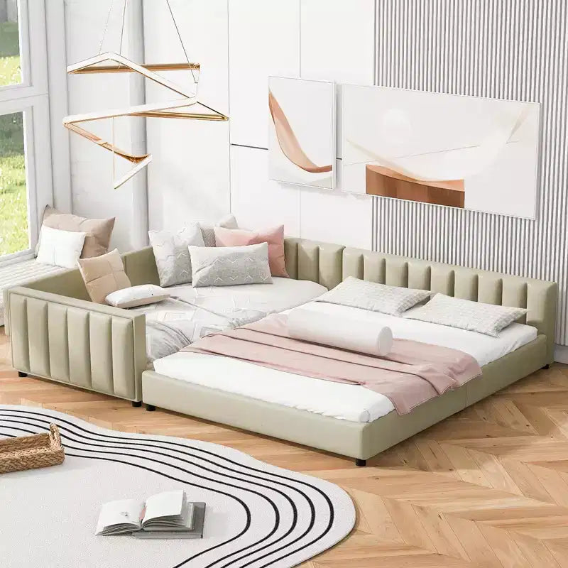 Whisen Queen Size & Twin XL Size Upholstered Platform Bed, PU Leather, Elegant Design