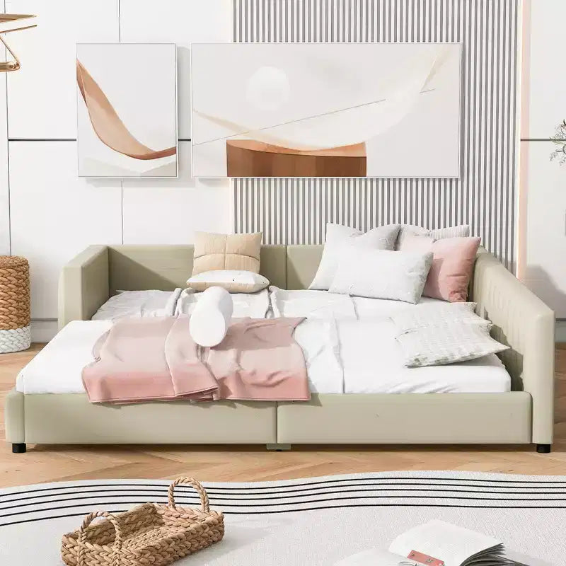 Whisen Queen Size & Twin XL Size Upholstered Platform Bed, PU Leather, Elegant Design