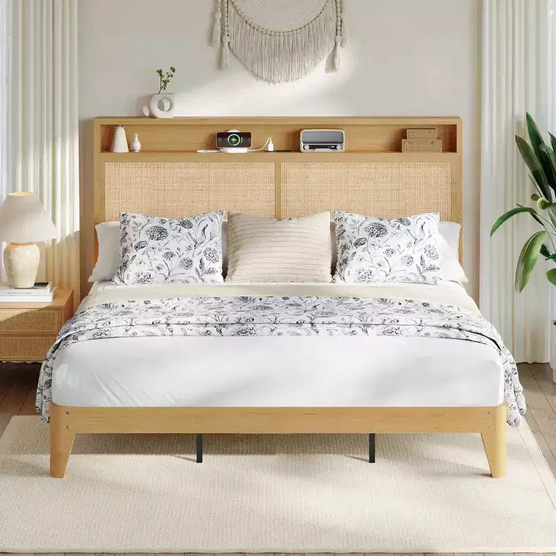 COZONY Rattan King Bed Frame with HeadboardNatural Woven Platform Bed with Storage and Ambient Lighting