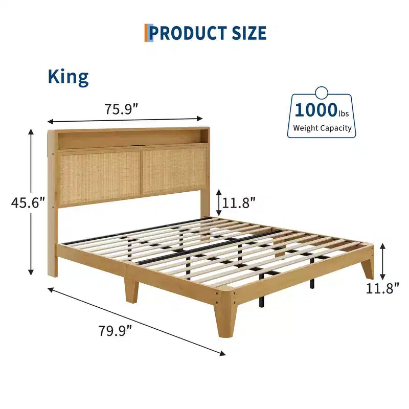 COZONY Rattan King Bed Frame with HeadboardNatural Woven Platform Bed with Storage and Ambient Lighting