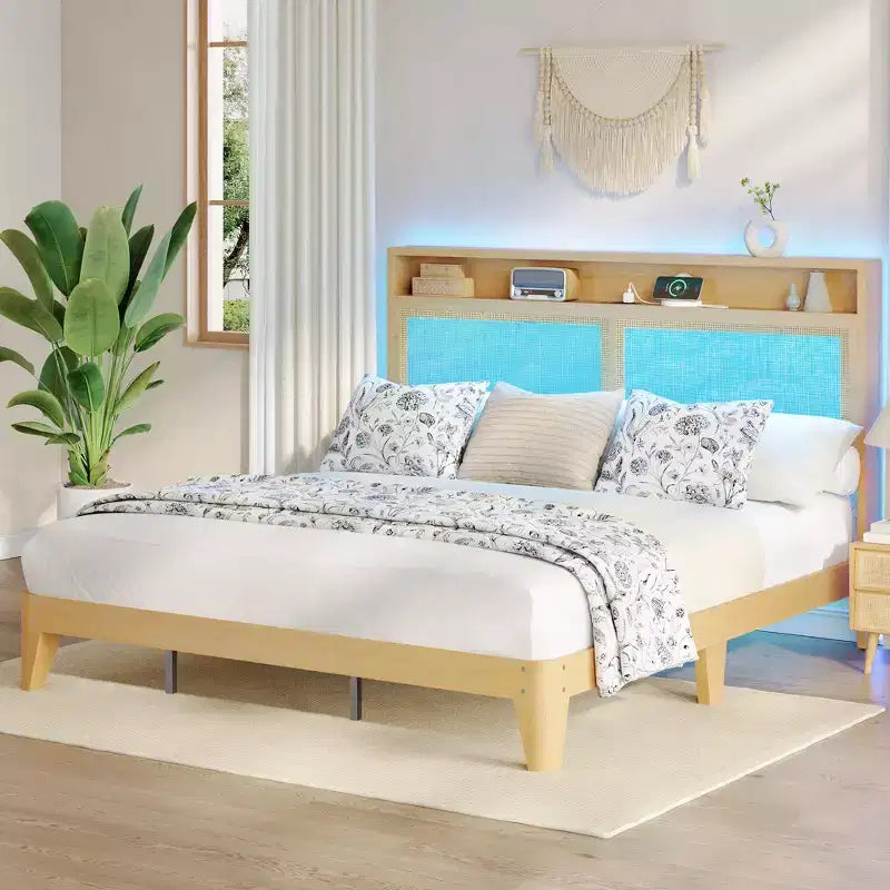 COZONY Rattan King Bed Frame with HeadboardNatural Woven Platform Bed with Storage and Ambient Lighting