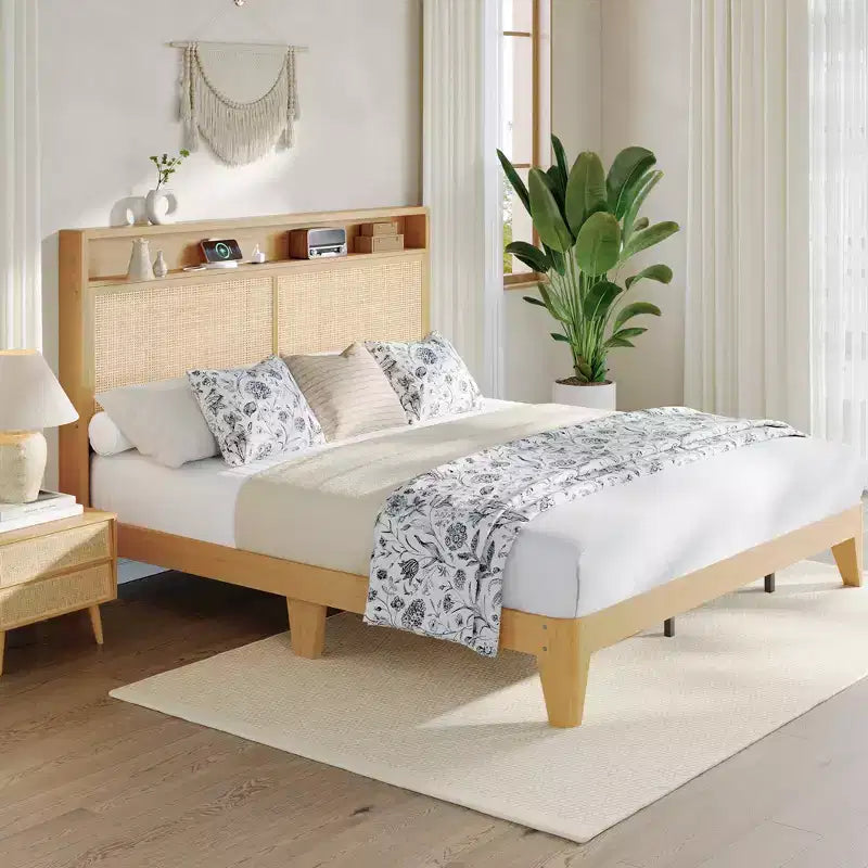 COZONY Rattan King Bed Frame with HeadboardNatural Woven Platform Bed with Storage and Ambient Lighting