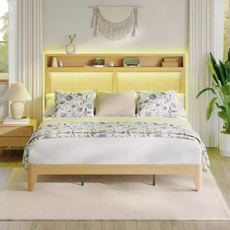 COZONY Rattan King Bed Frame with HeadboardNatural Woven Platform Bed with Storage and Ambient Lighting
