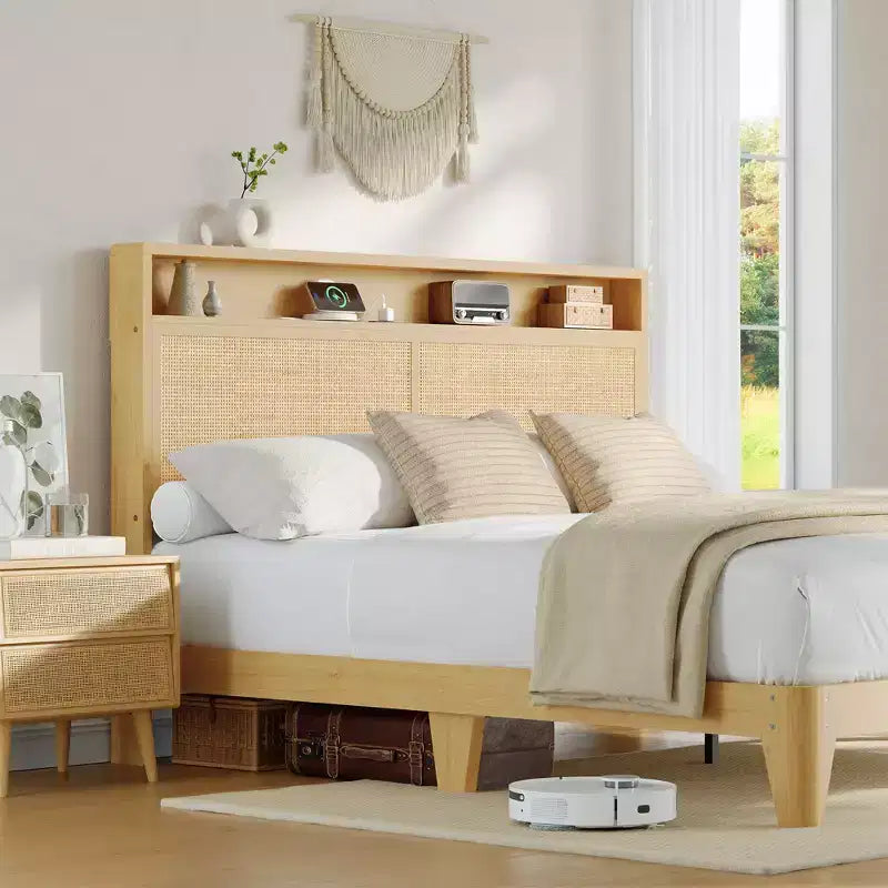 COZONY Rattan King Bed Frame with HeadboardNatural Woven Platform Bed with Storage and Ambient Lighting