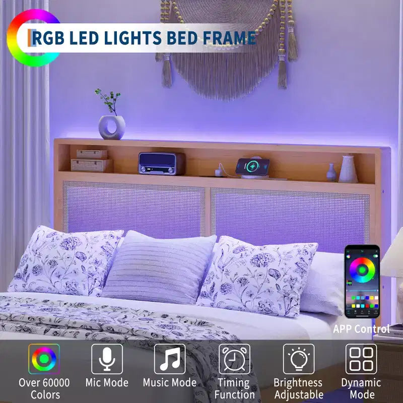 COZONY Rattan King Bed Frame with HeadboardNatural Woven Platform Bed with Storage and Ambient Lighting