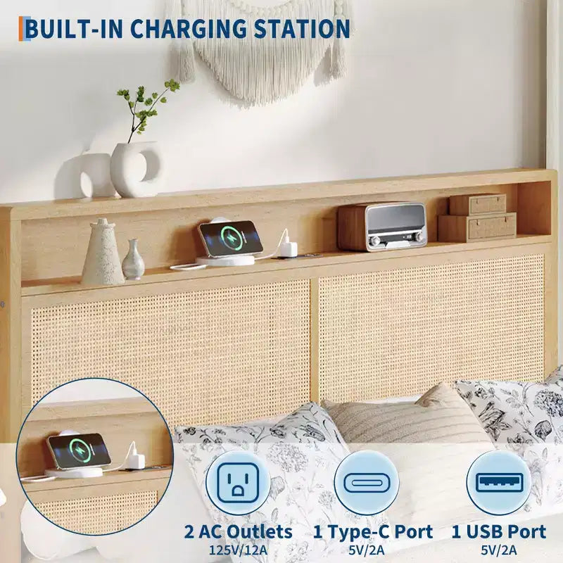 COZONY Rattan King Bed Frame with HeadboardNatural Woven Platform Bed with Storage and Ambient Lighting